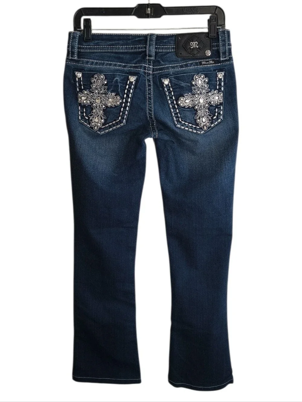 Miss Me Dark Blue Boot Cut Jeans with Rhinestone Cross Pockets Size 26